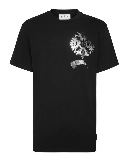 Philipp Plein Black Cross-Print Round-Neck T-Shirt for men