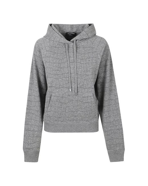 Tom Ford Gray Cashmere Cotton Croco Jacquard Jersey Hoodie