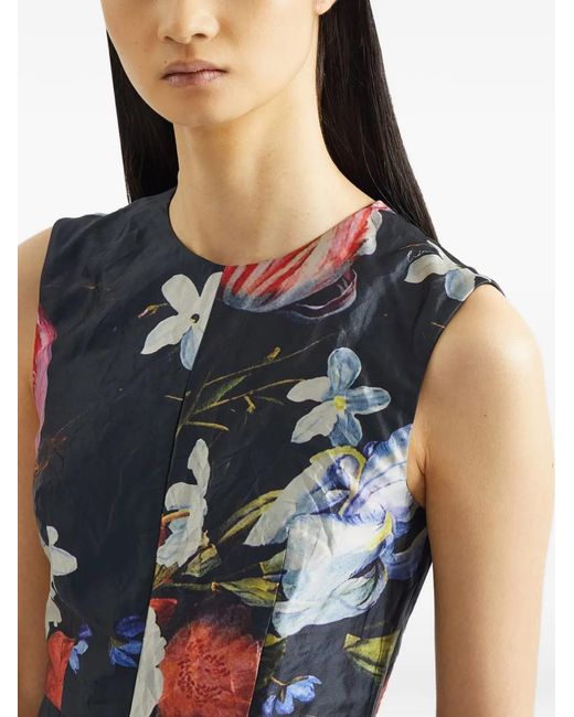 Erdem Black Floral-Print Crinkled Satin Midi Cocktail Dress