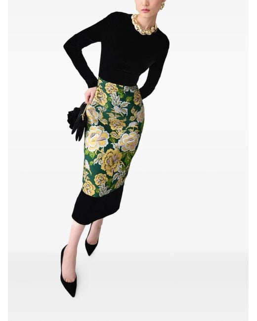 Carolina Herrera Green Floral-Jacquard Panelled Midi Dress