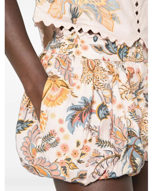 Farm Rio Natural Floral-Print Puff-Ball Shorts