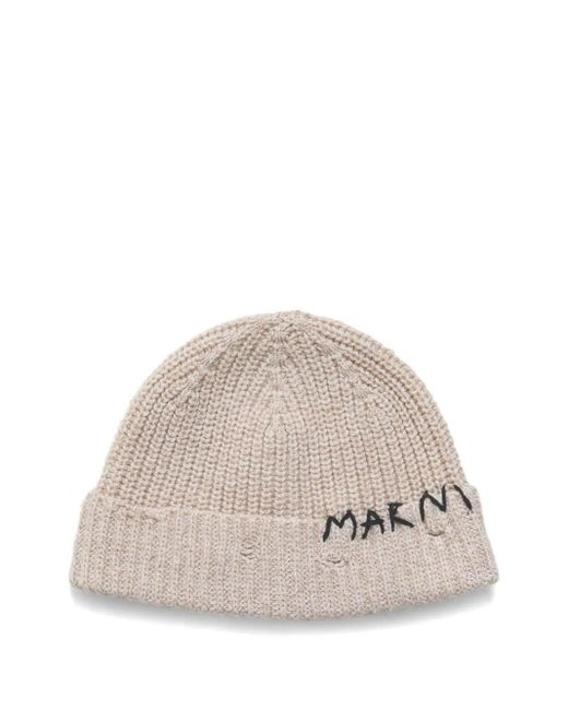 Marni Natural Wool Beanie With Mending-Embroidery