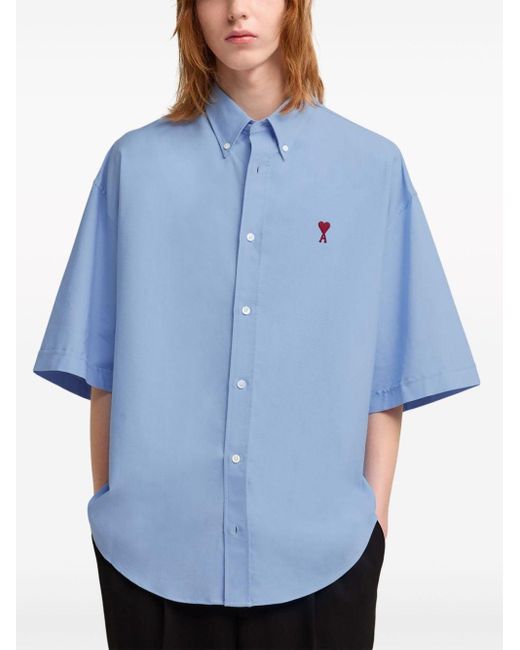 Camisa con logo bordado AMI de hombre de color Blue