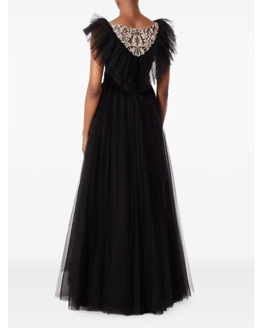 Jenny Packham Black Embellished Ruffled-Tulle Maxi Dress