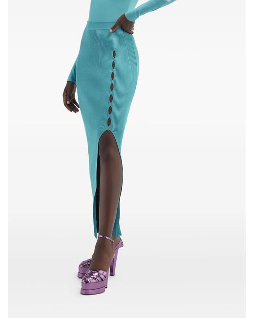 Roberto Cavalli Blue Ribbed Side-Split Long Skirt