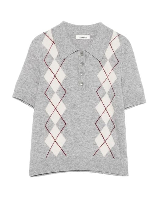 Sandro Gray Argyle-Pattern Polo Top