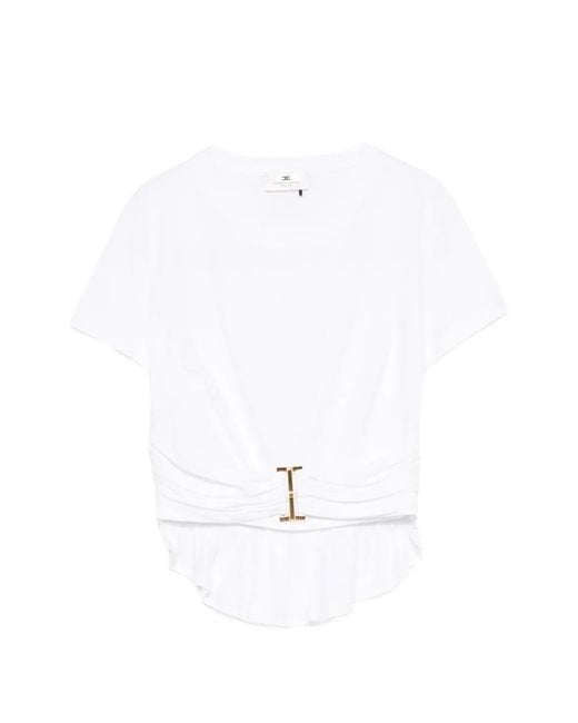Elisabetta Franchi White Ruched-Waist Cotton T-Shirt