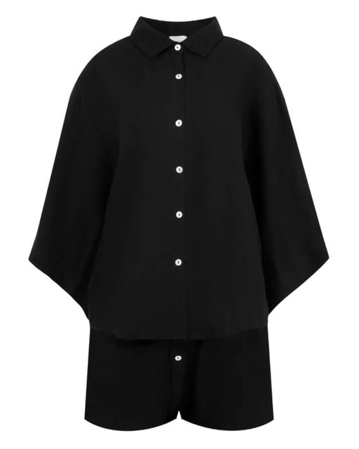 Deiji Studios Black Button-Front Wide-Sleeve Shirt And Shorts Set