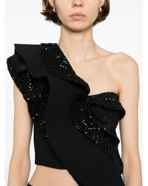 Maticevski Black Asymmetric Sequinned Frill Corset Top