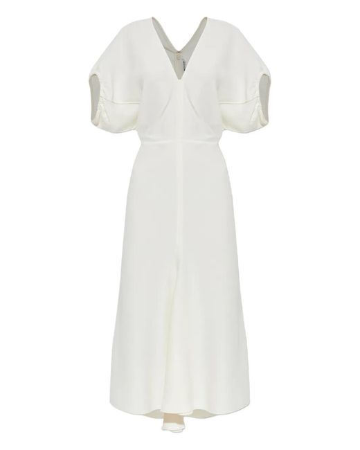 Victoria Beckham White Gathered Short-Sleeves Midi Dress