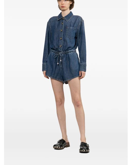 Self-Portrait Blue Drawstring-Waist Button-Front Playsuit
