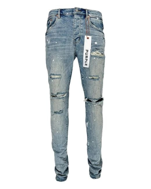 Purple Brand Blue Distressed Paint-Splatter Jeans for men