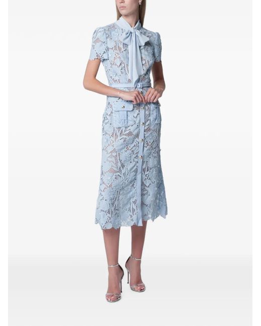 Self-Portrait Blue Guipure Lace Tie-Neck Midi Dress