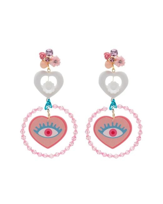 Amir Slama Pink Heart-Charm Eye-Motif Drop Earrings