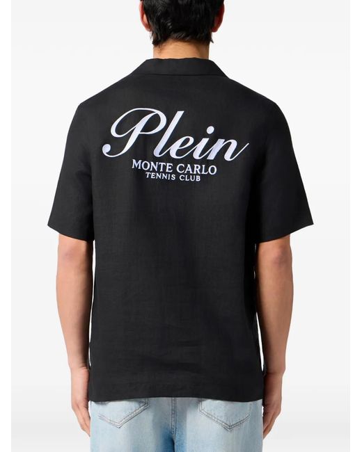 Philipp Plein Black Linen Bowling Shirt Tennis Club for men