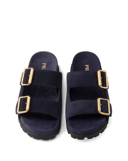 Prada Blue Suede Buckle Slides