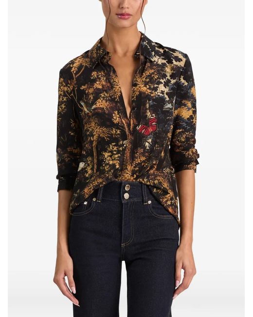 Alice + Olivia Black Willa Floral-Print Silk Top