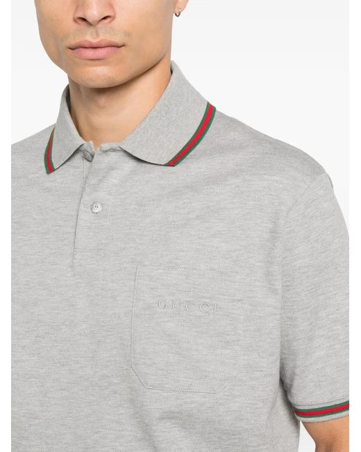 Gucci Gray Logo-Embroidered Web-Trim Polo Shirt for men