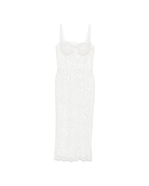 Adamaris White Sequin-Embroidered Lace-Trimmed Midi Dress