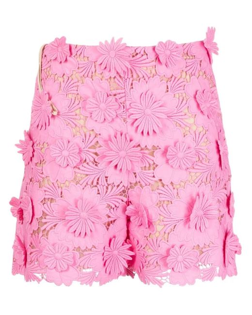 Oscar de la Renta Pink Floral-Lace High-Waisted Shorts