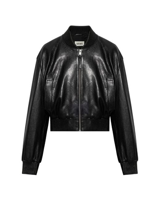 Arma Black Hannan Ribbed-Trim Leather Bomber Jacket