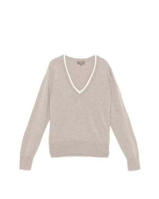 N.Peal Cashmere White Lace-Trim V-Neck Sweater