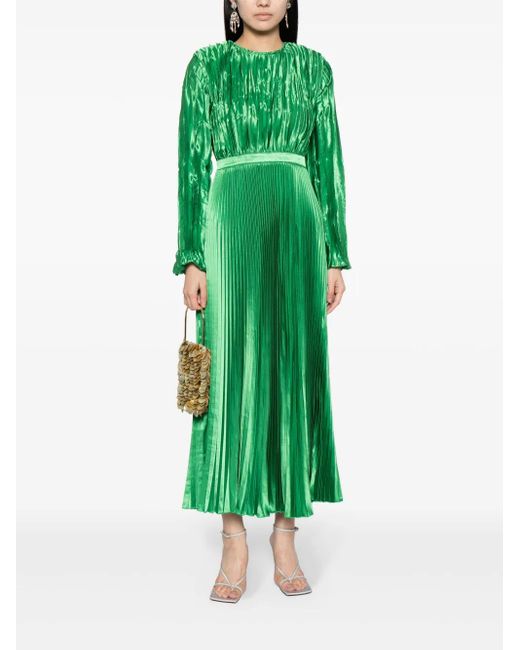 L'idée Green Long-sleeve Plissé Maxi Dress