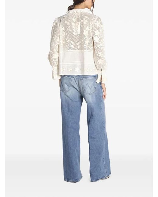 Antik Batik Carioca Blouse Met Geborduurde Bloemen En Gewelfde Kraag in het White