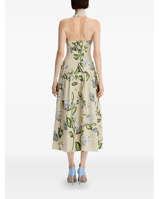 Oscar de la Renta Natural Flower-Print Halter-Neck Midi Dress