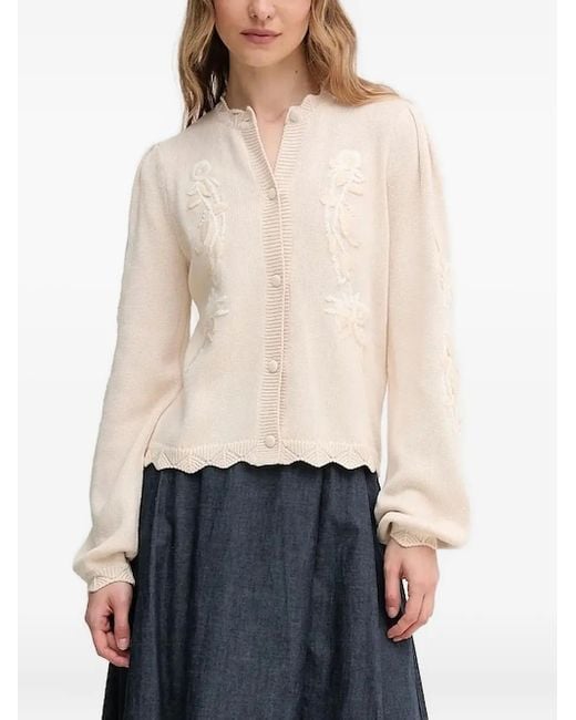INTROPIA White Floral-Embroidered Scallop-Hem Cardigan