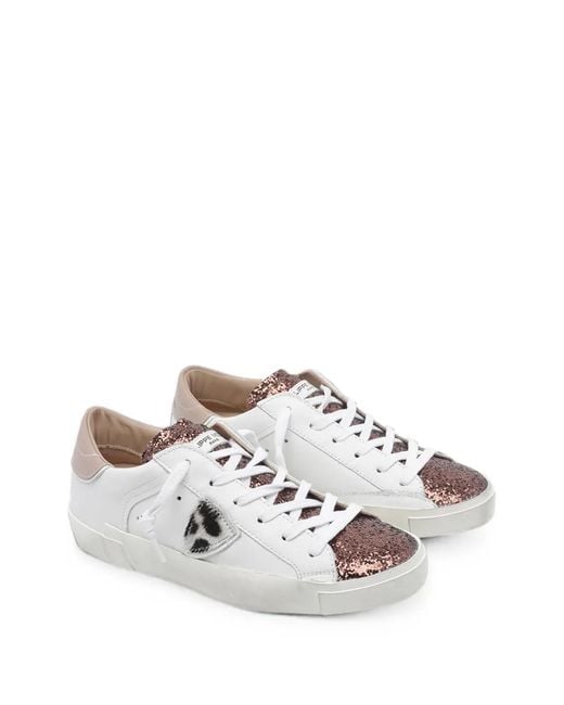 Philippe Model White Prsx Glitter-Panel Sneakers