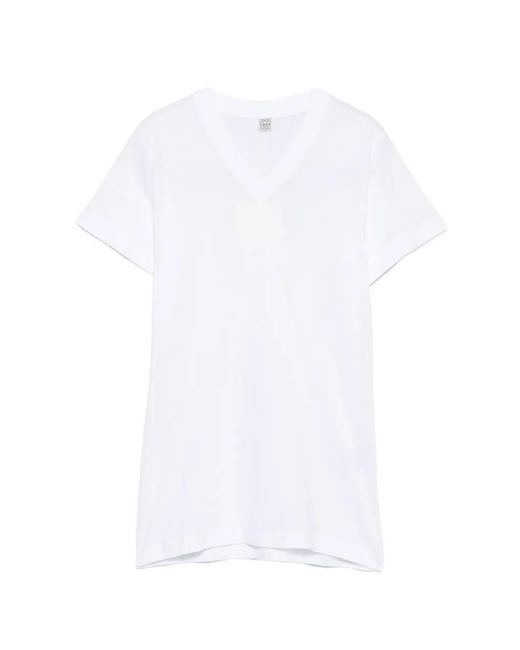 Totême White Wide-Ribbed V-Neck T-Shirt