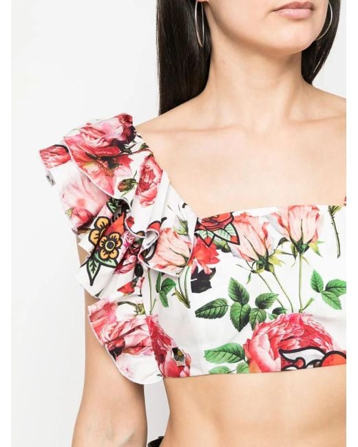 Philipp Plein Red Cropped Floral-Print Blouse