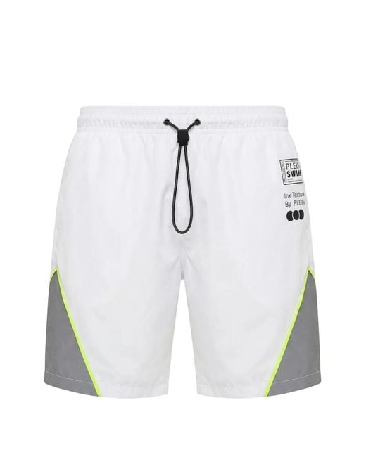 Philipp Plein White Logo-Print Panelled Swim Shorts for men