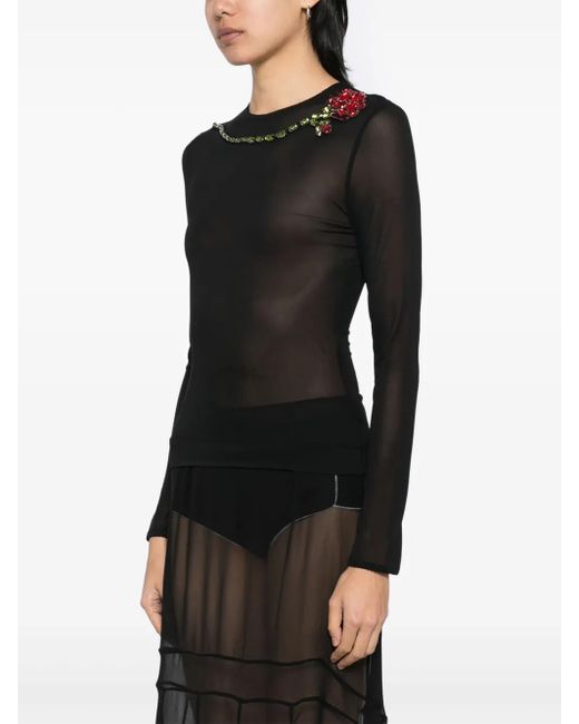 Simone Rocha Black Carnation-Embellished Mesh Top