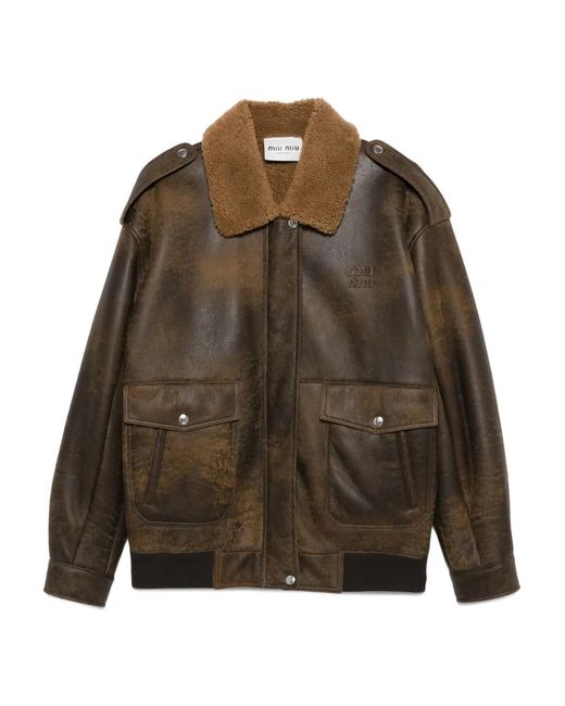 Miu Miu Brown Leather Bomber Jacket