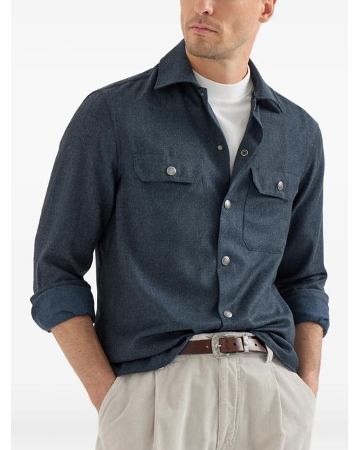 Brunello Cucinelli Blue Virgin-Wool Flannel Overshirt With Spread-Collar And Chest-Pockets for men