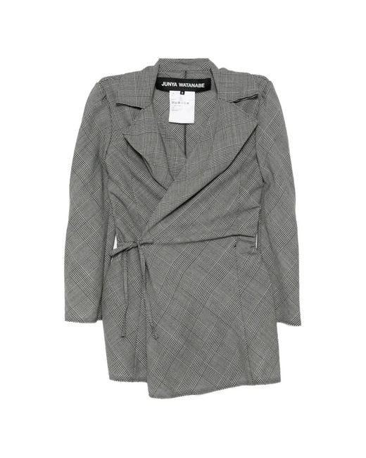 Junya Watanabe Gray Plaid-Check Tie-Fastening Jacket