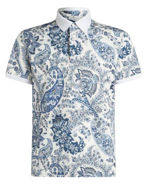 Etro Blue Paisley-Print Cotton Polo Shirt for men