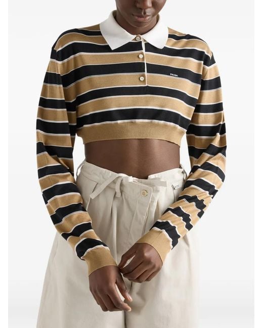 Prada Black Cropped Striped Silk Polo Shirt