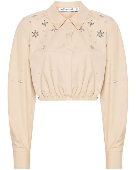Self-Portrait Natural Cropped Cotton Blouse With Rhinestone Appliqués