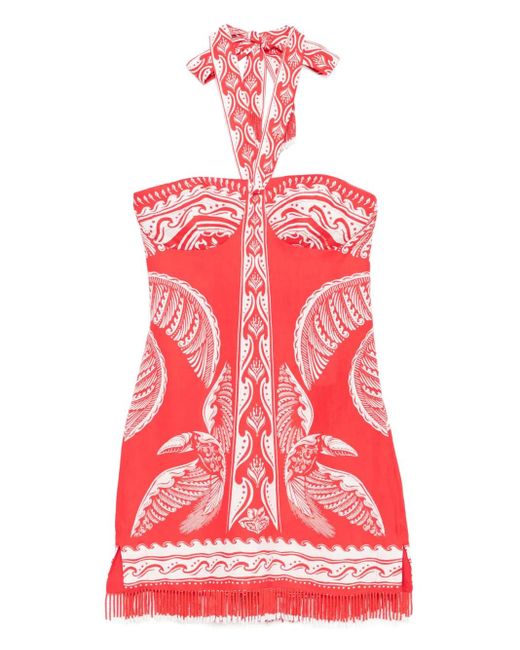 Farm Rio Red Majestic Coconut Tree Halter-Neck Mini Dress