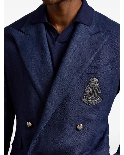 Ralph Lauren Blue Double-Breasted Crest-Embroidered Jacket for men