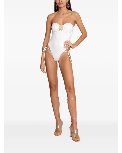 Amir Slama White X Tati Barbieri Embellished Side-Tie Strapless Swimsuit
