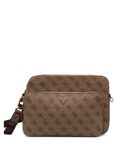 Guess Brown Monogram Zip Messenger Bag for men