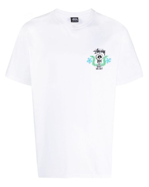 Stussy White Skull Crest Cotton T-shirt for men
