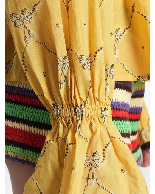 Siedres Yellow Bow-Print Ruffled Top