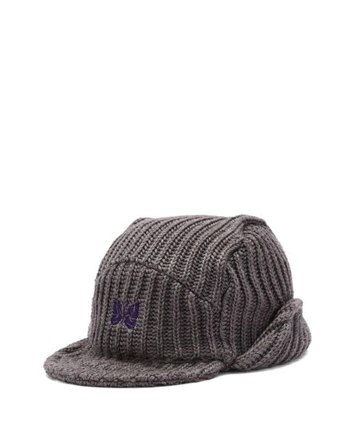Needles Gray Ribbed-Knit Butterfly Beanie for men
