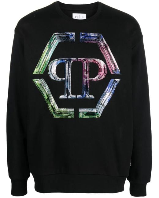 Philipp Plein Black Logo-Print Long-Sleeved Sweatshirt for men
