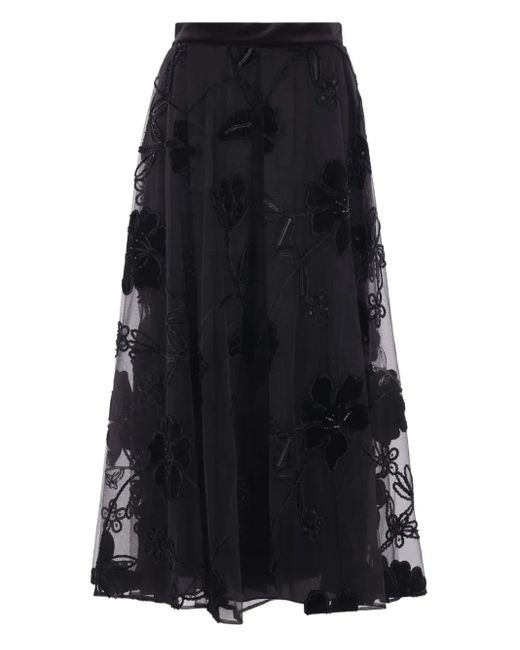 Jupe Mi-Longue À Fleurs Brodées Elie Saab en coloris Black